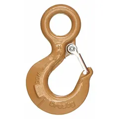 General purpose slip hook for lifting applications, used in rigging and material handling to attach slings to loads. Constructed from alloy steel with a gold finish, 11/32 in material thickness, and 100 Hook Grade. Features visual indicator markings for deformation and max angle.
