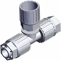 PFA compression tube fitting from the SMC LQ3 series with three 1/2 in OD ports. Suitable for high-purity fluid handling systems requiring secure, leak-free connections. Complies with RoHS6 and RoHS10 standards