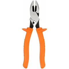 Flat-type insulated lineman's pliers with 9 3/4 in overall length, 1 5/8 in jaw length, and 1 3/8 in jaw width. Designed for cutting, gripping, and twisting wire, with a conduit reaming nose for preparing conduit ends. Ergonomic handles reduce fatigue during repetitive tasks.
