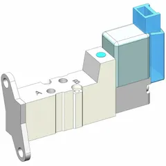 Five-way, two-position solenoid air control valve from the SYJ3000 series. Single solenoid, plug-in design with die-cast zinc body. Operates on 5V DC. Used to direct compressed air in automated pneumatic systems for actuating cylinders or other pneumatic devices.