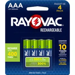 RAYOVAC AAA rechargeable battery, nickel-metal hydride (NiMH) chemistry, 1.2V DC output. Sold as a 4-pack. Suitable for repeated use in devices such as remote controls, flashlights, toys, and wireless peripherals.