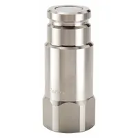 This hydraulic quick-connect coupling plug from the FET Series features a 316 stainless steel body and a fluorocarbon seal. It has a 3/4"-14 FNPT thread and is used in industrial fluid systems for frequent connection and disconnection, particularly in applications requiring corrosion resistance