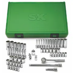 This 60-piece socket set includes 6-point deep sockets in both SAE and Metric sizes, ranging from 4 mm to 16 mm, with a 1/4 in drive. A 4.5 in fixed round head ratchet and friction drive tools are included. Suitable for tightening and loosening fasteners in automotive repair, industrial maintenance, and mechanical assembly.