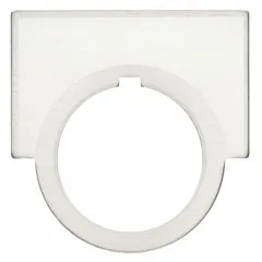 Half-round legend plate for push-button stations, with a 30 mm panel mounting size. Overall height 1 1/2 in, overall width 2 in. Black English text on gray aluminum background, metallic finish, includes mounting tab. Used to label controls in industrial panels.