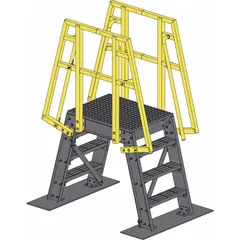 This space saving crossover bridge is constructed from yellow FRP composite with an expanded metal tread type and open grip surface. It has a 500 lb load capacity and is designed for pedestrian access over obstacles in industrial environments such as plants and warehouses.