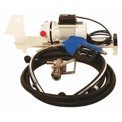 This electric drum-mount pump system is designed for transferring diesel exhaust fluid (DEF) from drums. It features a 1/10 hp motor, polypropylene construction, and a maximum flow rate of 8 gpm. The kit includes a discharge hose and a stainless steel nozzle; no meter is included. Operates on 115 V AC.