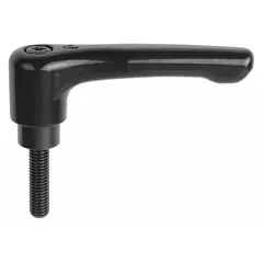 This straight teardrop-style adjustable handle from KIPP features a zinc handle with a steel threaded stud. It has an overall length of 80 mm, a 3/8"-16 thread size, and a 60 mm thread length. Designed for clamping, positioning, and adjusting machinery components, it provides a secure, repositionable grip for hand-tightening on jigs, fixtures, and industrial equipment.