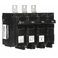 Three-pole bolt-on miniature circuit breaker rated 100 A at 120/240V AC, three-phase, with shunt trip. Part of the BL series, it provides overcurrent protection with a maximum AIR rating of 10kA at 240V AC. Designed for use in Siemens P1 panelboards for branch circuit protection in commercial and industrial electrical distribution systems