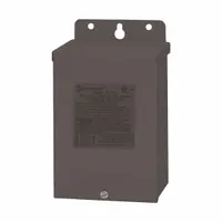 This low-voltage transformer converts 120V AC input to 13V AC output, suitable for powering pool, spa, and landscape lighting up to 300W. The brown stainless steel enclosure provides corrosion resistance in damp environments. It is designed for low-voltage lighting applications requiring a safe output voltage