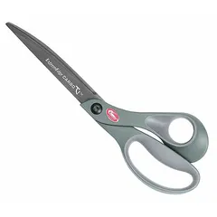 These offset plastic-handle scissors are designed for right-hand use. The 9-inch straight blade features a titanium-bonded finish and pointed tip. The gray vinyl handle reduces hand fatigue during extended cutting tasks such as fabric, paper, or light textiles.