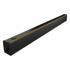 This floor-mount polymer guardrail is designed to protect pallet rack aisles from impact damage by forklifts and other industrial vehicles. It is constructed from polymer in black and yellow, includes two end caps, and mounts directly to the floor. Typical applications include warehouses, distribution centers, and manufacturing facilities where aisle protection is needed.