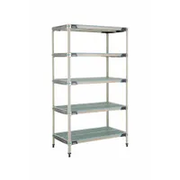 This stationary shelving unit features five shelves with a frame and shelving material of 304 stainless steel, offering antimicrobial resistance. It is suited for harsh environments where hygiene and corrosion resistance are required, such as in facilities that undergo frequent cleaning and moisture exposure