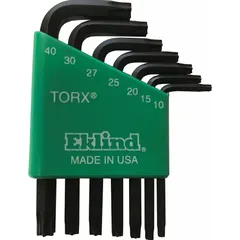 This 7-piece L-shaped key set includes Torx tip sizes T10, T15, T20, T25, T27, T30, and T40. Each key has a standard end and is held in a holder; the set features 2 tips. Suitable for driving Torx and Torx Plus fasteners in confined spaces.
