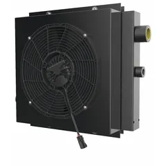 This DC motor driven forced air oil cooler is designed for removing heat from hydraulic or lubrication oil in industrial machinery. It handles a maximum flow of 80 gpm and a maximum pressure of 250 psi, operating on 24V DC. Suitable for mobile equipment, power units, and compressors where 24V DC power is available.