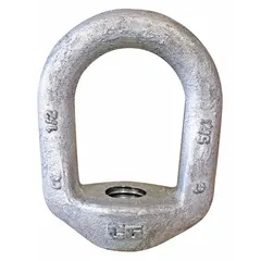 Steel eye nut with hot-dipped galvanized finish, oval shape, 1-1/4 in inside diameter, and 2 in outside diameter. Used for attaching loads to hooks, chains, or straps in rigging and material handling applications.