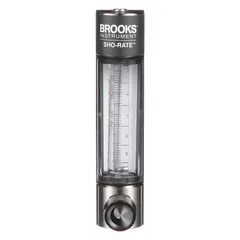 This panel-mount variable-area flowmeter is designed for measuring flow rates of air and compressed gas. It features a scale display, vertical mounting orientation, and Viton seals and O-rings. Accuracy is +/-5%, and it includes a flow rate adjustment knob. Connection is FNPT.