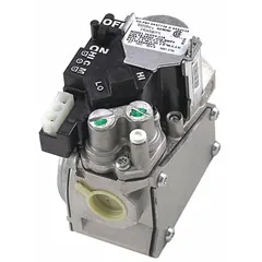 This gas valve controls natural gas or propane flow to the burner in residential HVAC systems. It regulates gas pressure and shuts off supply when the thermostat is satisfied, ensuring safe and efficient furnace or heating unit operation.
