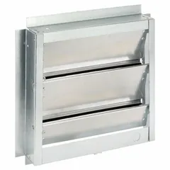 This backdraft damper is designed for horizontal mounting in ceiling or roof exhaust systems. It features a single-panel flat blade that opens vertically to allow airflow and closes automatically to prevent reverse flow when the fan is off. The felt construction helps reduce noise and vibration. Maximum air velocity is 2000 fpm.