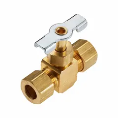 Brass straight-body needle valve with screw-in bonnet and metal tee handle. Female compression connections on both sides, 1/4 in pipe size. Designed for water media. Suitable for precise flow control and shut-off in plumbing and industrial water systems.