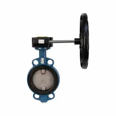 This ductile iron butterfly valve features a concentric wafer design with a stainless steel disc and Buna-N seat. It is gear-operated via handwheel for precise flow control in general-service water, air, and non-aggressive fluid applications. Rated for 250 psi CWP, it is suitable for on-off or throttling service in industrial piping systems.