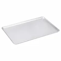This full-size sheet pan is made of uncoated aluminum with a silver finish, suitable for baking, roasting, and general food preparation in commercial kitchens. The solid construction and closed bead closure provide rigidity for handling heavy loads. It is not NSF certified