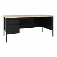 This single pedestal desk features a maple melamine laminate desktop on a black steel frame. It includes one pedestal with two drawers and a modesty panel. Suitable for office or administrative workspaces requiring a compact workstation with integrated storage. Supplied as a kit for assembly