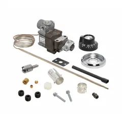 Natural gas thermostat with dial range 250°F to 550°F, 48-inch capillary, 3/16-inch bulb diameter, and 1/4-inch pipe gas connection. Used for temperature control in commercial cooking equipment such as ovens and ranges.
