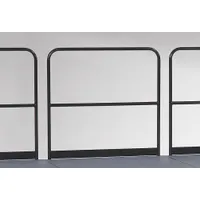 Steel guardrail for temporary fall protection on stages, platforms, and elevated work areas. Overall height 3.5 ft, overall width 48 in. Suitable for use in construction, events, and maintenance applications