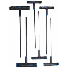 Metric T-handle hex key set with 6 pieces. Features standard-end tips, extra-long 9-inch shafts, and black oxide finish. Supplied in a pouch for organized storage. Used for tightening or loosening hex socket screws and bolts in assembly and maintenance tasks.