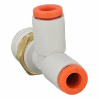 Polybutylene and brass push-fit tee fitting with 1/8 in pipe thread and two 5/32 in OD tube connections. Overall length 31 1/2 mm. White finish. Used to branch pneumatic tubing lines in industrial automation and material handling systems