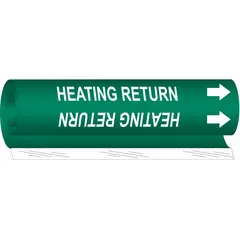 Green wrap-around pipe marker with white 'Heating Return' legend and directional arrows. Fits pipe outer diameters from 1/2 to 1-3/8 inches. Used to identify heating return lines in piping systems.