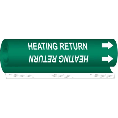 BRADY Pipe Marker: Heating Return, Green, White, Fits 1/2 to 1 3/8 in Pipe O.D. - Heating Return Wrap-Around Pipe Markers
