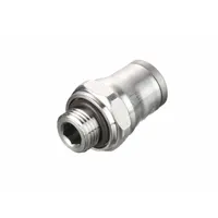 This stainless steel tube fitting features a G3/8 BSPP male thread on one end and a push-to-connect port for 12 mm OD tubing. It enables tool-free assembly in pneumatic or fluid systems for connecting 3/8 mm pipe to tubing