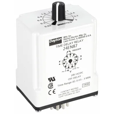 Dayton Single Function Time Delay Relay: Socket Mounted, 24V AC/DC, 10 A - Socket-Mounted Relays