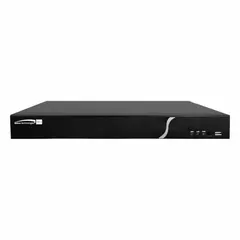 Hybrid video recorder supporting up to 16 analog camera inputs. Features H.265 compression, VGA output, 10 mbps/100 mbps network interface, and USB flash drive export. Includes rack ears for mounting. Suitable for surveillance systems combining analog and IP cameras.
