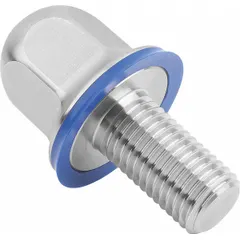 Fully threaded crowned flanged hex head bolt made from Grade 316L stainless steel. Includes an FDA-approved pre-mounted sealing washer. Fastener length 10 mm, thread size M5. Used in sanitary fastening applications where hygiene and contamination prevention are required.