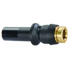 Brass and composite push-to-connect adapter fitting for connecting 1/4 in OD to 3/8 in OD tubing. Suitable for pneumatic systems, air brake lines, and general fluid power applications requiring tool-free installation.