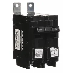 The Siemens B290 is a 90 A, 2-pole miniature circuit breaker from the BL Series, rated for 120/240V AC single-phase systems. It features a bolt-on connection for use with Siemens P1 Panelboards and provides overcurrent protection with a maximum AIR rating of 10kA at 120/240V AC. Suitable for branch-circuit protection in commercial and industrial applications.