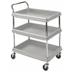 This polymer lab cart from INSTOCK features three shelves for organized transport of instruments, glassware, and samples. With overall dimensions of 27 in width and 33-1/4 in height, it is suited for moving equipment and supplies within laboratory environments. The gray polymer construction offers chemical resistance and easy cleaning.