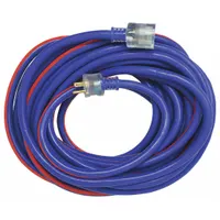 This 50 ft outdoor extension cord features a 10/3 SJTW cable with a NEMA 5-15P plug and a single grounded outlet. Rated for 15 A and a temperature range of -40° to 140°F, it is suitable for powering tools, lights, or equipment in outdoor environments such as construction sites, landscaping, and event setups