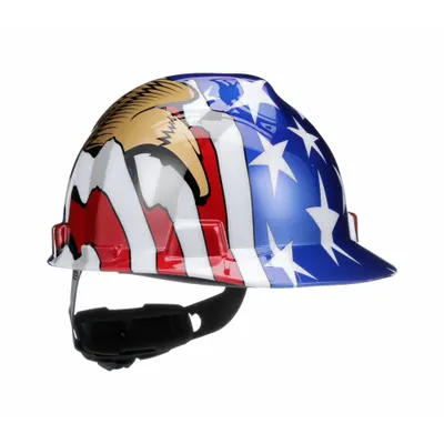 MSA Hard Hat: American Flag with Eagle, Ratchet (4-Point), Ratchet, Polyethylene - Patriotic Front-Brim Hard Hats (Type 1, Class E)
