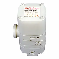 This electro-pneumatic transducer converts a 20 mA to 4 mA electrical input signal into a proportional 3 psig to 120 psig pneumatic output. It is used in industrial automation for controlling valves, actuators, and positioners in pneumatic control systems.