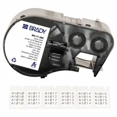 Combined label and ribbon cartridge for BMP41 printers. Contains 1/2 in x 3/4 in precut labels made of autoclavable nylon/cryogenic nylon, halogen-free. Suitable for labeling equipment that undergoes sterilization or exposure to extreme cold.