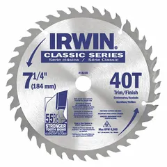 Carbide-tipped circular saw blade with 7-1/4 in diameter, 40 teeth, 0.09 in kerf, and 5/8 in arbor. Designed for cutting wood in framing, ripping, and crosscutting applications.
