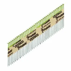 Collated framing nails with offset round ring shank and conical point, made of steel. Shank diameter 0.131 in, overall length 3 in. Used for framing, sheathing, and truss assembly in wood construction.