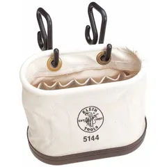 Off-white canvas bucket bag with open top and 15 pockets for organizing hand tools, meters, and fasteners. Temperature-resistant hooks allow secure hanging from ladders or scaffolding. Measures 14 inches wide by 10 inches high.