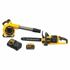 This combination kit includes a blower and a chainsaw powered by a 9.0 Ah battery. The blower delivers a maximum air speed of 129 mph. Suitable for clearing leaves and debris, tree trimming, and limbing.