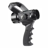 Constant pressure nozzle with solid bore delivering a straight-stream spray pattern. Features an aluminum body, NST swivel base, and shutoff handle activation. Suitable for firefighting applications requiring consistent flow and high-impact water delivery