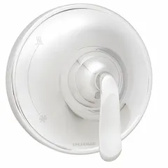 This shower valve and trim kit includes a chrome-finished circular plastic trim plate and a zinc handle. It is designed for use with Caspian series shower faucet valves, controlling water flow and temperature in residential or commercial showers.