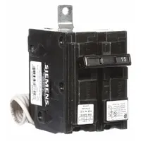 Bolt-on miniature circuit breaker rated 15 A, 120/240V AC, single-phase, 1-pole with shunt trip. Part of the BL Series, with a maximum AIR rating of 10kA at 120V AC. Designed for overcurrent protection in Siemens P1 panelboards, suitable for commercial and industrial electrical distribution systems requiring remote tripping capability